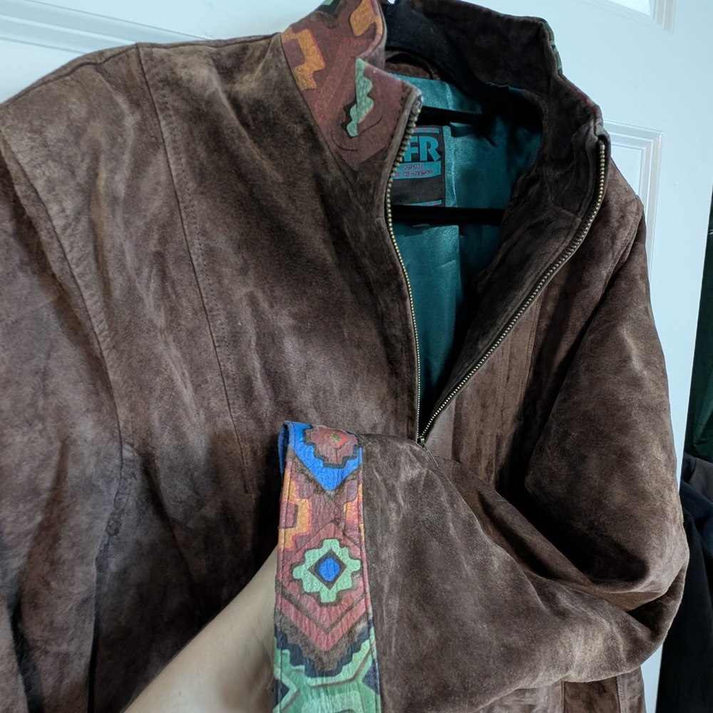 Brown Suede Leather Jacket With Patterned Collar - image 1